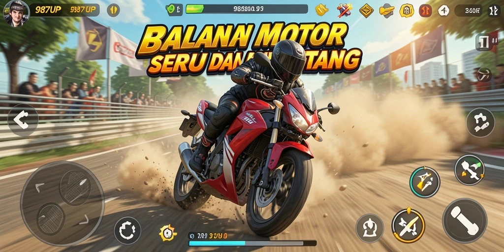 Tampilan gameplay seru di 987UP dengan balapan motor yang mendebarkan.