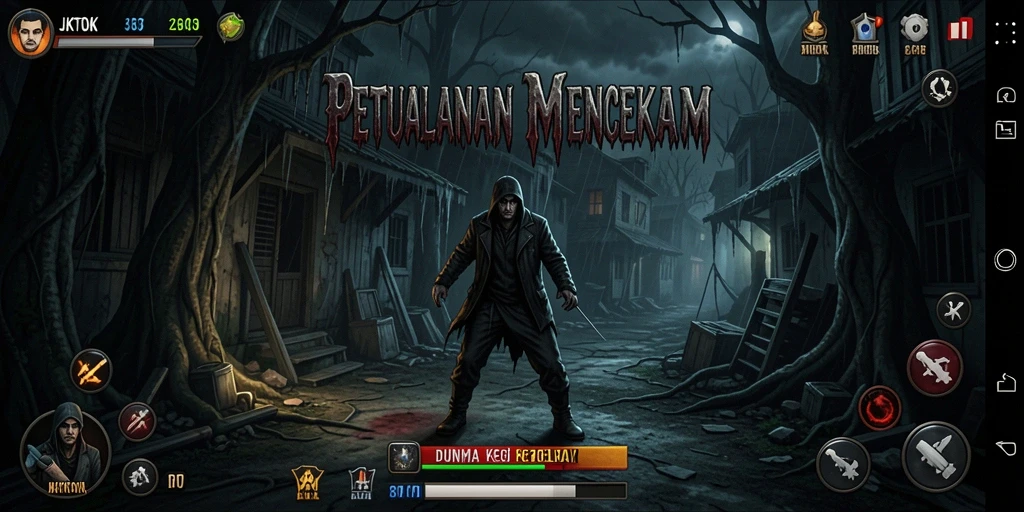 Tampilan gameplay menakutkan dalam JKTOK dengan makhluk menyeramkan.