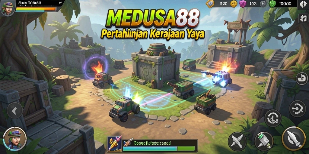 Tangkapan layar gameplay MEDUSA88 dengan pertahanan menara yang strategis.