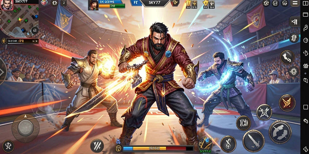 Tangkapan layar gameplay SKY77 menampilkan pertarungan intens yang seru.